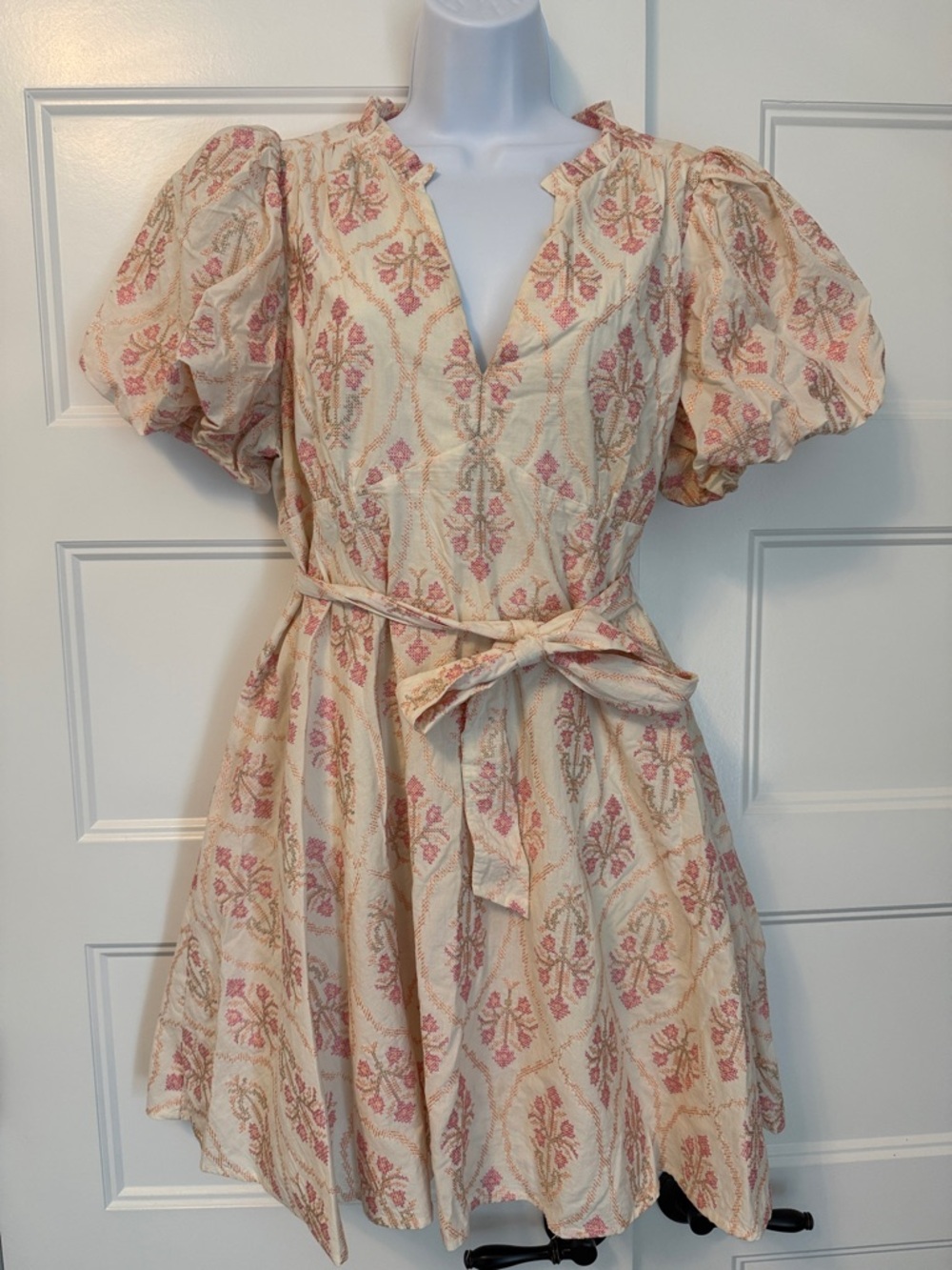 Cream and Pink Floral Puff-Sleeve Tie-Waist Mini Dress by